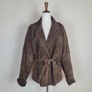 Brown Suede Leather Jacket Womens Medium Tie Belted Collared Pockets Lined